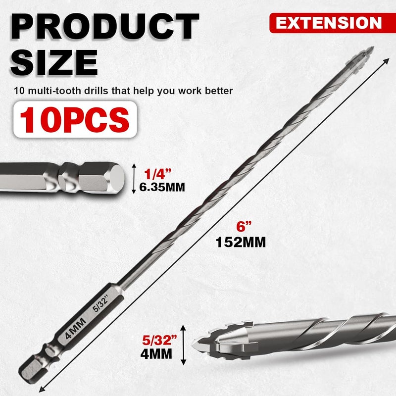 METOTO Upgraded 6in (152mm) Masonry Drill Bit Set - 5/32"(4mm)*10-Piece Serrated Carbide Bits, Professional Set for Concrete, Tile, Brick & More - Image 2